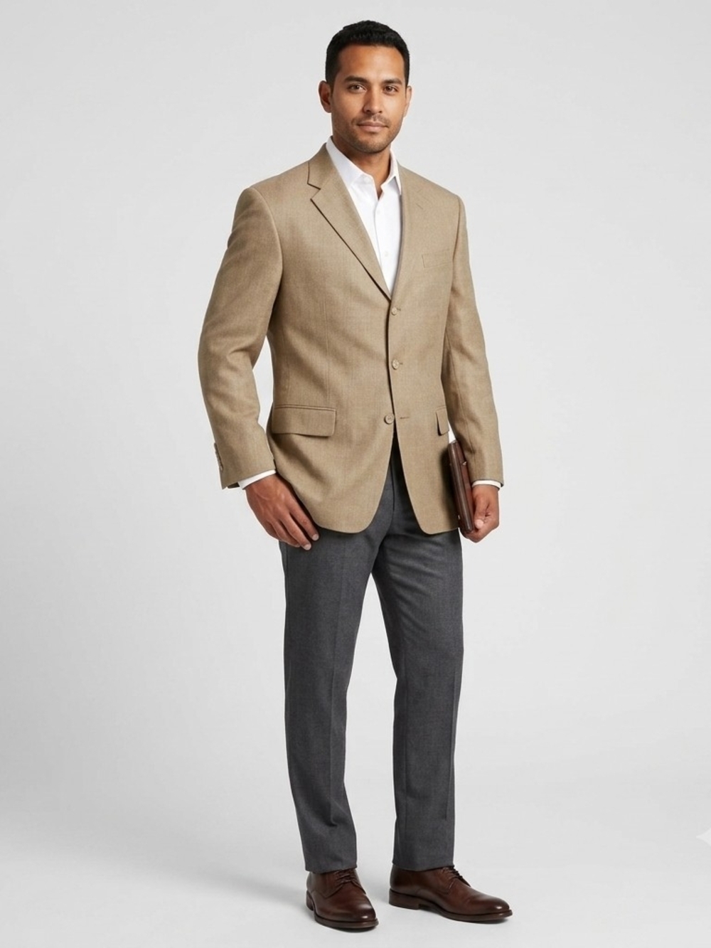 Oscar de la Renta Men 42R Silk Wool Blazer Tan Sport Coat Herringbone Windowpane